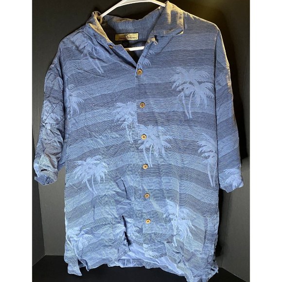 Mens L Tommy Bahama Aloha Hawaiian Floral Print Palm Tree Blue Silk Shirt - Picture 1 of 6